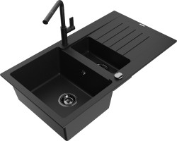 MEXEN/S - Matias granitový dřez 1.5 s odkapávačem včetně baterie Flora, černá  (6502-77-670401-70-B)