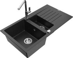 MEXEN/S - Matias granitový dřez 1.5 s odkapávačem včetně baterie Flora, černá/stříbrná (6502-73-670401-00)