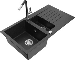 MEXEN/S - Matias granitový dřez 1.5 s odkapávačem včetně baterie Flora, černá/stříbrná (6502-73-670401-07)