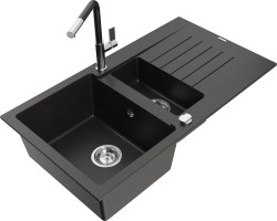 MEXEN/S - Matias granitový dřez 1.5 s odkapávačem včetně baterie Flora, černá/zlatá metalik (6502-75-670401-07)