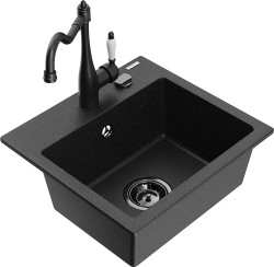 MEXEN/S - Milo granitový dřez 1-miska včetně baterie Carla, černá/stříbrná metalik (6505-73-670700-70-B)