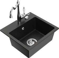 MEXEN/S - Milo granitový dřez 1-miska včetně baterie Carla, černá/zlatá metalik (6505-75-670700-00)