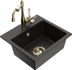 MEXEN/S - Milo granitový dřez 1-miska včetně baterie Carla, černá/zlatá metalik (6505-75-670700-50)