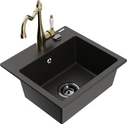 MEXEN/S - Milo granitový dřez 1-miska včetně baterie Carla, černá/zlatá metalik (6505-75-670700-50-B)