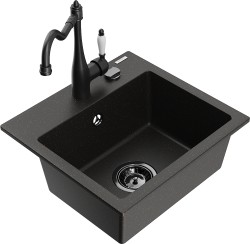 MEXEN/S - Milo granitový dřez 1-miska včetně baterie Carla, černá/zlatá metalik (6505-75-670700-70-B)