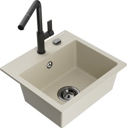 MEXEN/S - Milo granitový dřez 1-miska včetně baterie Flora, béžová (6505-69-670401-70-B)