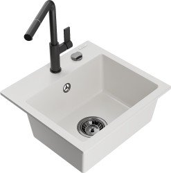 MEXEN/S - Milo granitový dřez 1-miska včetně baterie Flora, bílá (6505-20-670401-70-B)