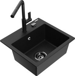 MEXEN/S - Milo granitový dřez 1-miska včetně baterie Flora, černá (6505-77-670401-70-B)