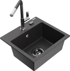MEXEN/S - Milo granitový dřez 1-miska včetně baterie Flora, černá kropenatá (6505-76-670401-08-B)