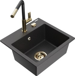 MEXEN/S - Milo granitový dřez 1-miska včetně baterie Flora, černá kropenatá (6505-76-670401-57-G)