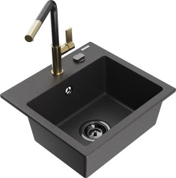 MEXEN/S - Milo granitový dřez 1-miska včetně baterie Flora, černá kropenatá (6505-76-670401-75-B)