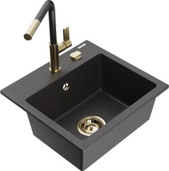 MEXEN/S - Milo granitový dřez 1-miska včetně baterie Flora, černá kropenatá (6505-76-670401-75-G)