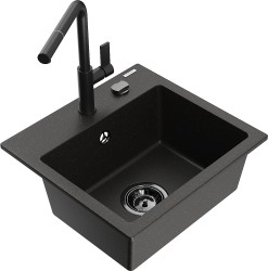MEXEN/S - Milo granitový dřez 1-miska včetně baterie Flora, černá/zlatá metalik (6505-75-670401-70-B)