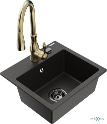 MEXEN/S - Milo granitový dřez 1-miska včetně baterie Savita, černá/zlatá metali (6505-75-672601-50-B)