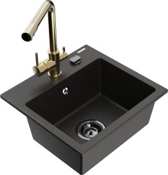 MEXEN/S - Milo granitový dřez včetně baterie Duero, černá/zlatá metalik (6505-75-671600-50-B)