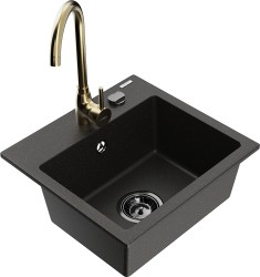 MEXEN/S - Milo granitový dřez včetně baterie Telma, černá/zlatá (6505-75-670200-50-B)