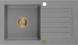 MEXEN/S - Pablo granitový dřez 1-miska s odkapávačem 752 x 436 mm, šedý, zlatý sifon (6510751010-71-G)