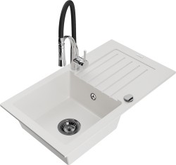 MEXEN/S - Pablo granitový dřez 1 s odkapávačem včetně baterie Aster, bílá (6510-20-73450-07-B)