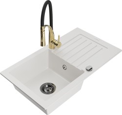 MEXEN/S - Pablo granitový dřez 1 s odkapávačem včetně baterie Aster, bílá (6510-20-73450-57-B)