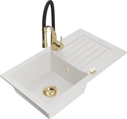 MEXEN/S - Pablo granitový dřez 1 s odkapávačem včetně baterie Aster, bílá (6510-20-73450-57-G)