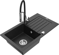 MEXEN/S - Pablo granitový dřez 1 s odkapávačem včetně baterie Aster, černá/stříbrná metalik (6510-73-73450-07)