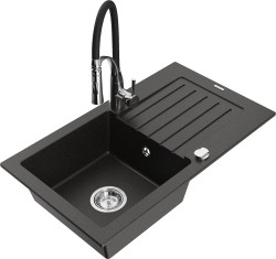 MEXEN/S - Pablo granitový dřez 1 s odkapávačem včetně baterie Aster, černá/zlatá metalik (6510-75-73450-07)