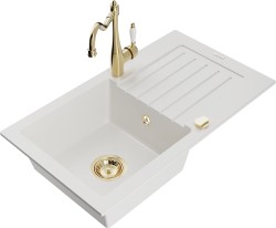 MEXEN/S - Pablo granitový dřez 1 s odkapávačem včetně baterie Carla, bílá (6510-20-670700-50)