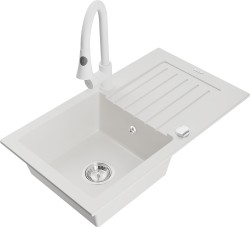 MEXEN/S - Pablo granitový dřez 1 s odkapávačem včetně baterie Elia, bílá (6510-20-670101-20)