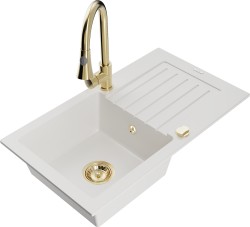 MEXEN/S - Pablo granitový dřez 1 s odkapávačem včetně baterie Elia, bílá (6510-20-670101-50)