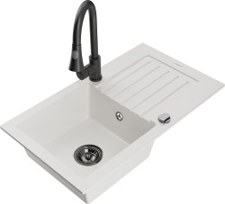 MEXEN/S - Pablo granitový dřez 1 s odkapávačem včetně baterie Elia, bílá (6510-20-670101-70)