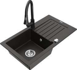 MEXEN/S - Pablo granitový dřez 1 s odkapávačem včetně baterie Elia, černá/zlatá metalik (6510-75-670101-70)