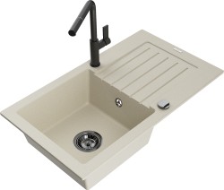 MEXEN/S - Pablo granitový dřez 1 s odkapávačem včetně baterie Flora, béžová (6510-69-670401-70-B)