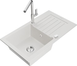 MEXEN/S - Pablo granitový dřez 1 s odkapávačem včetně baterie Flora, bílá (6510-20-670401-00)