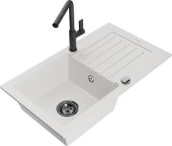 MEXEN/S - Pablo granitový dřez 1 s odkapávačem včetně baterie Flora, bílá (6510-20-670401-70-B)