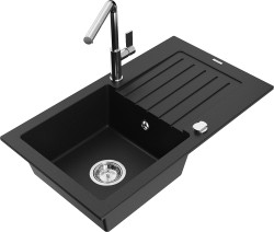 MEXEN/S - Pablo granitový dřez 1 s odkapávačem včetně baterie Flora, černá (6510-77-670401-00)