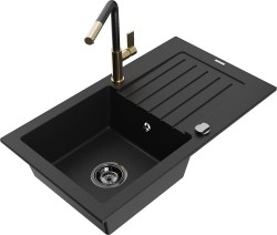 MEXEN/S - Pablo granitový dřez 1 s odkapávačem včetně baterie Flora, černá (6510-77-670401-57-B)