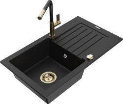 MEXEN/S - Pablo granitový dřez 1 s odkapávačem včetně baterie Flora, černá (6510-77-670401-57-G)