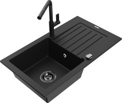 MEXEN/S - Pablo granitový dřez 1 s odkapávačem včetně baterie Flora, černá (6510-77-670401-70-B)