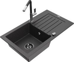 MEXEN/S - Pablo granitový dřez 1 s odkapávačem včetně baterie Flora, černá kropenatá (6510-76-670401-07-B)