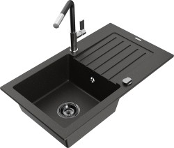 MEXEN/S - Pablo granitový dřez 1 s odkapávačem včetně baterie Flora, černá/zlatá metalik (6510-75-670401-07-B)