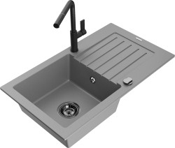 MEXEN/S - Pablo granitový dřez 1 s odkapávačem včetně baterie Flora, šedá (6510-71-670401-70-B)