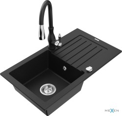 MEXEN/S - Pablo granitový dřez 1 s odkapávačem včetně baterie Savita, černá (6510-77-672601-70)