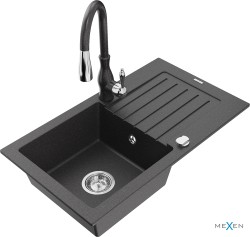MEXEN/S - Pablo granitový dřez 1 s odkapávačem včetně baterie Savita, černá kropenatá (6510-76-672601-76)