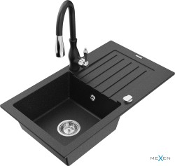 MEXEN/S - Pablo granitový dřez 1 s odkapávačem včetně baterie Savita, černá/stříbrná metalik (6510-73-672601-70)