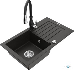 MEXEN/S - Pablo granitový dřez 1 s odkapávačem včetně baterie Savita, černá/zlatá metalik (6510-75-672601-70)