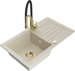 MEXEN/S - Pablo granitový dřez s odkapávačem včetně baterie Aster, béžová (6510-69-73450-57-G)