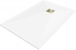 MEXEN/S - Stone+ čtvercová sprchová vanička 140 x 100, bílá, mřížka zlatá (44101014-G)
