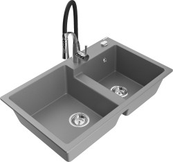 MEXEN/S - Tomas granitový dřez 2-bowl včetně baterie Aster, šedá (6516-71-73450-07)