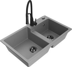 MEXEN/S - Tomas granitový dřez 2-bowl včetně baterie Aster, šedá (6516-71-73450-70-B)