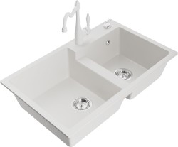 MEXEN/S - Tomas granitový dřez 2-bowl včetně baterie Carla, bílá (6516-20-670700-20)